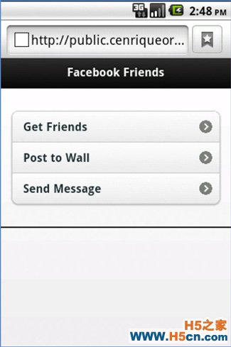 һ򵥵бͼʾ Facebook ѣ Get friendsPost to wall  Send message ѡ